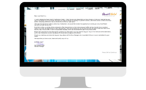 Hotel IPTV System Welcome Letter